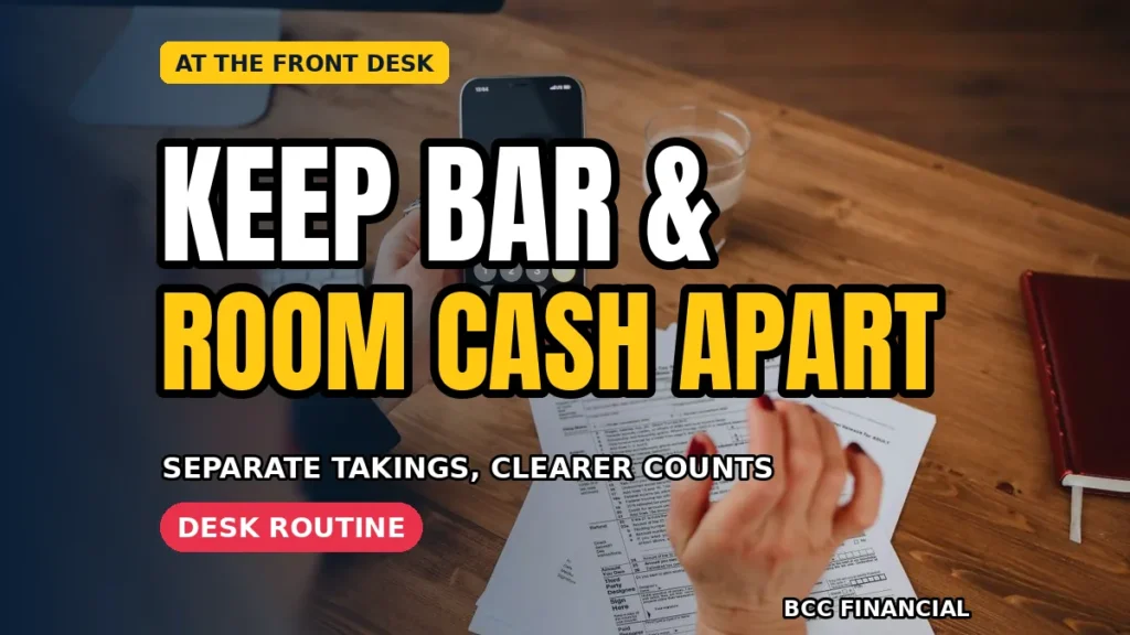 Hotel receptionist placing labelled cash envelopes for room, bar and restaurant takings into separate secure trays
