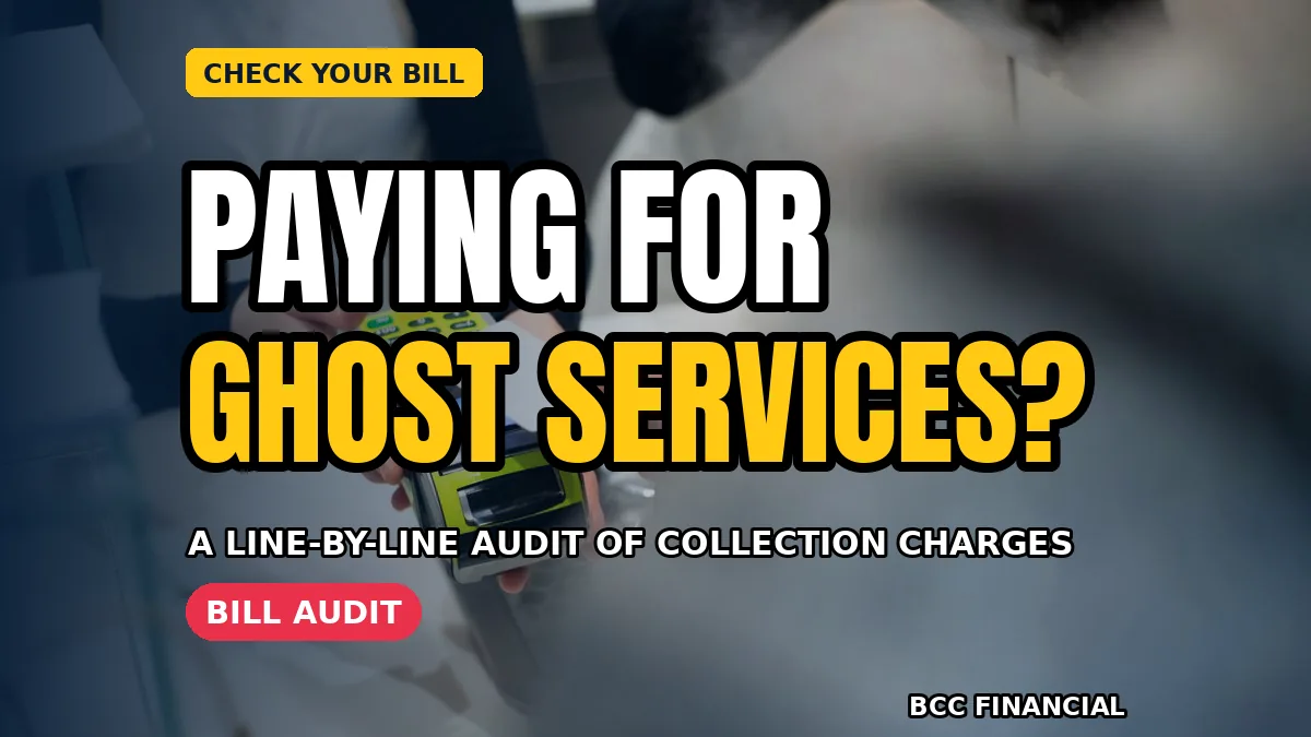 Designed graphic about audit cash collection fees charges showing a business owner reviewing a collection invoice line by line at a desk