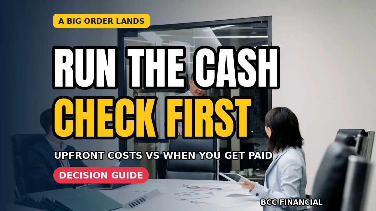 Designed graphic about should you accept a big order cash flow check showing an owner comparing order costs and payment dates on paper