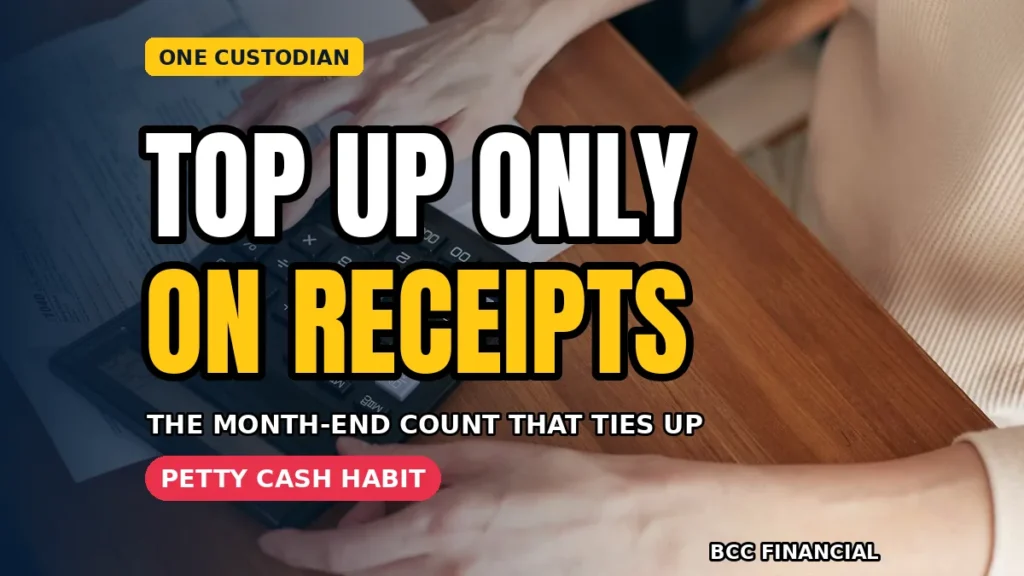 Office worker placing a receipt and a completed petty cash voucher together in a labelled envelope