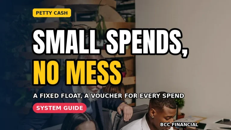 Designed graphic about petty cash system small business routines showing a staff member recording a small purchase in a petty cash book