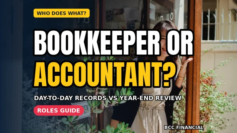 Owner comparing bookkeeper vs accountant small business support options at a desk with a laptop and files