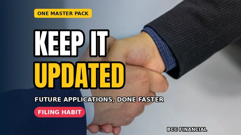 Application pack contents list beside bank statements, accounts and a simple project forecast on a desk
