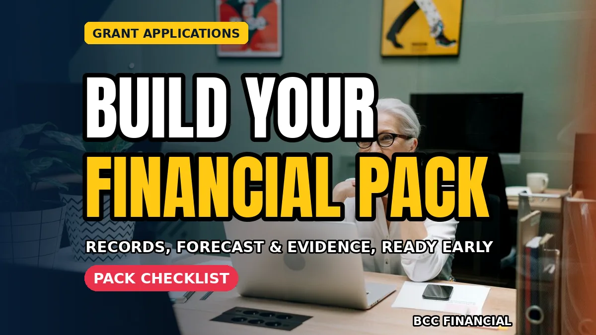 Owner organising business grant application financial documents into a clearly labelled application pack folder