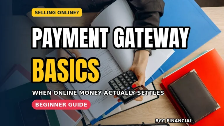 Shop owner learning online payment gateway basics small business on a laptop beside the counter till