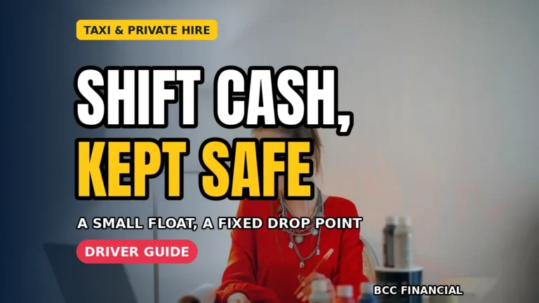 Driver following cash handling taxi private hire drivers routine, storing fares out of sight in the vehicle