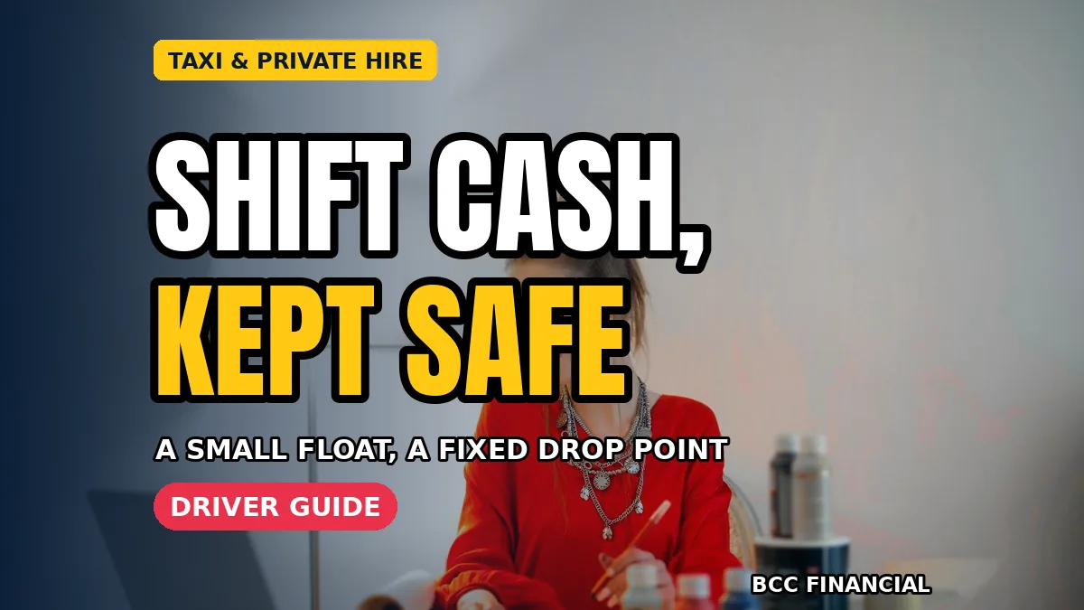 Driver following cash handling taxi private hire drivers routine, storing fares out of sight in the vehicle