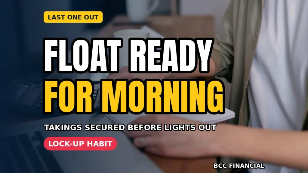Closing checklist on a clipboard beside a balanced till drawer with the morning float ready