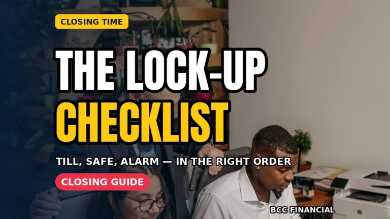 Owner following an end of day lock up checklist cash business, confirming the safe is locked at closing time
