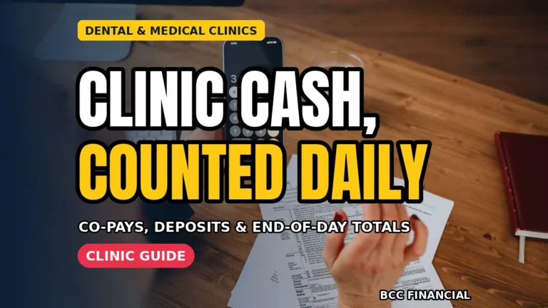 Designed graphic about cash collection dental medical clinic routines showing a receptionist counting co-pay cash at a clinic front desk