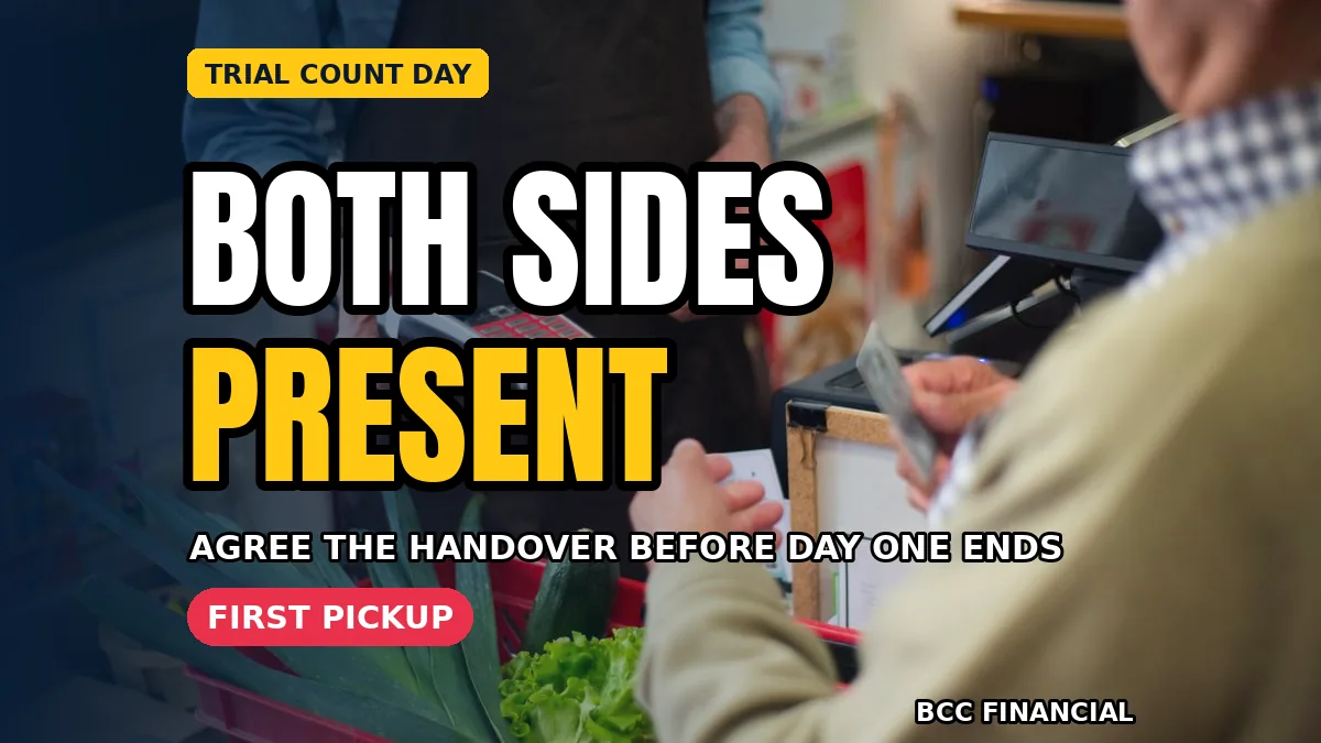 Provider crew member and shop owner counting a sealed cash bag together and signing the trial handover record