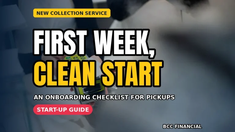 Designed graphic about cash collection service onboarding first week steps showing an owner and a collection driver completing a first handover together