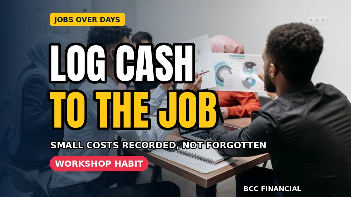 Service adviser writing a parts deposit onto a job card while a customer pays cash at a garage counter