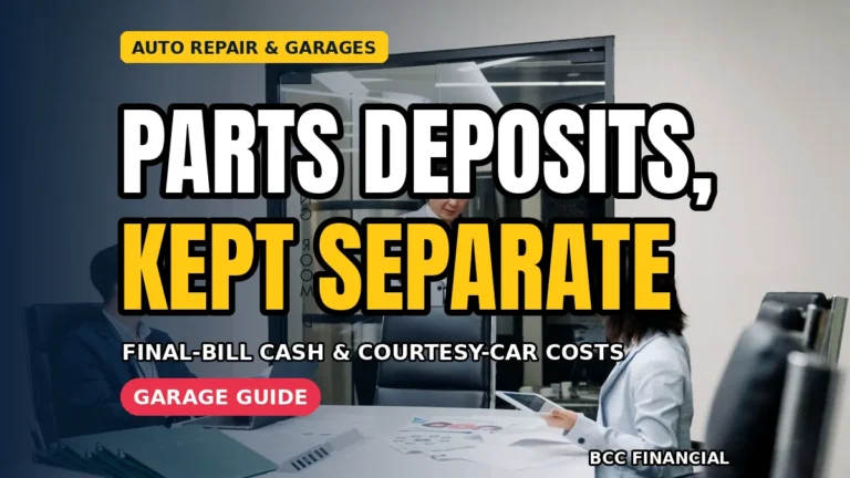 Designed graphic about cash collection auto repair garage business routines showing a service adviser recording a cash deposit on a job card