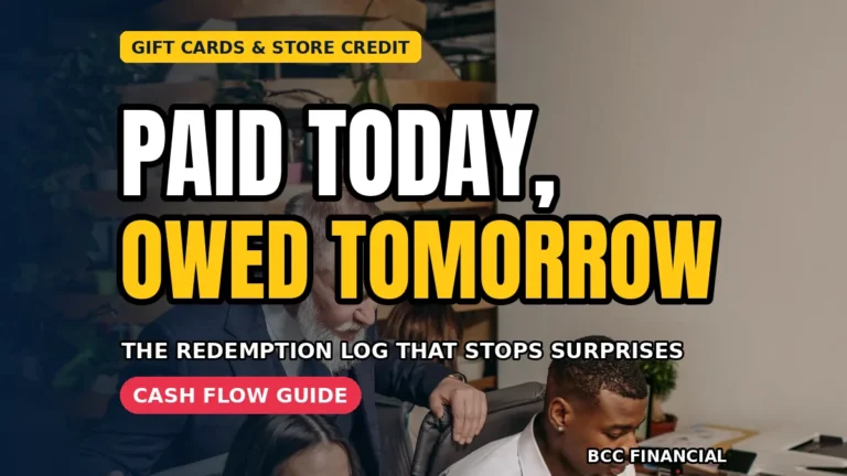 Designed graphic about gift cards store credit cash flow planning showing a shop owner checking a redemption log beside the till