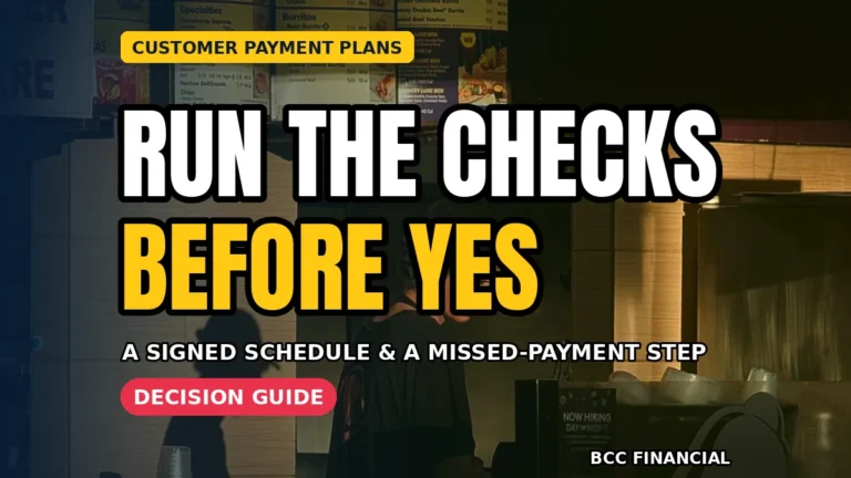 Designed graphic about customer payment plan instalments small business checks showing an owner reviewing a written payment schedule with a customer