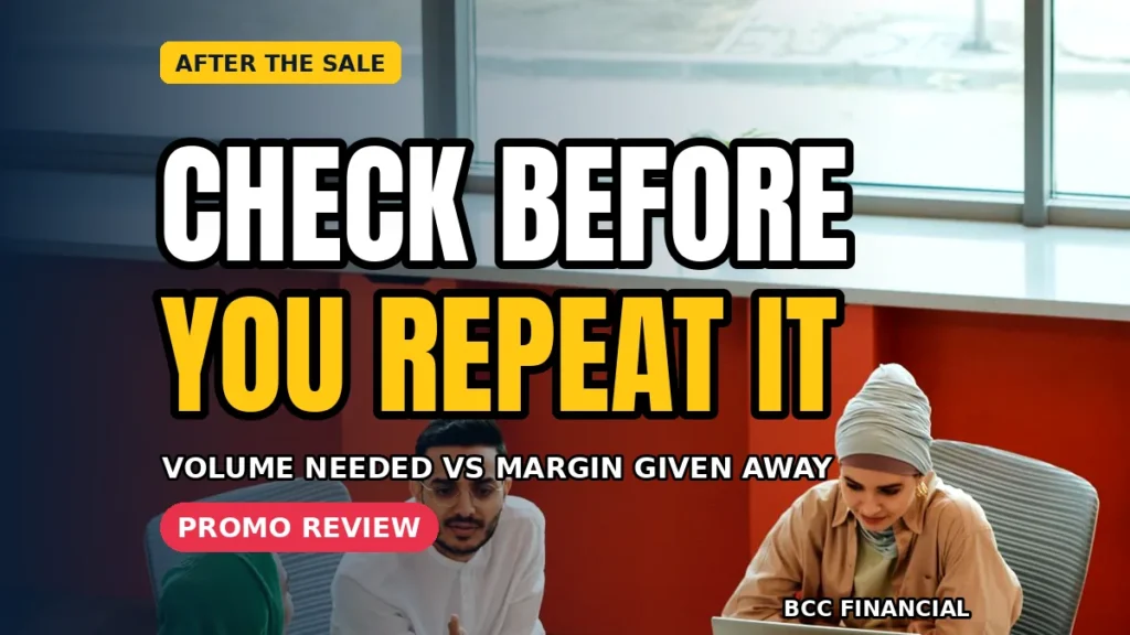 Shop owner comparing a normal week profit note with a sale week note at the till after a discount promotion