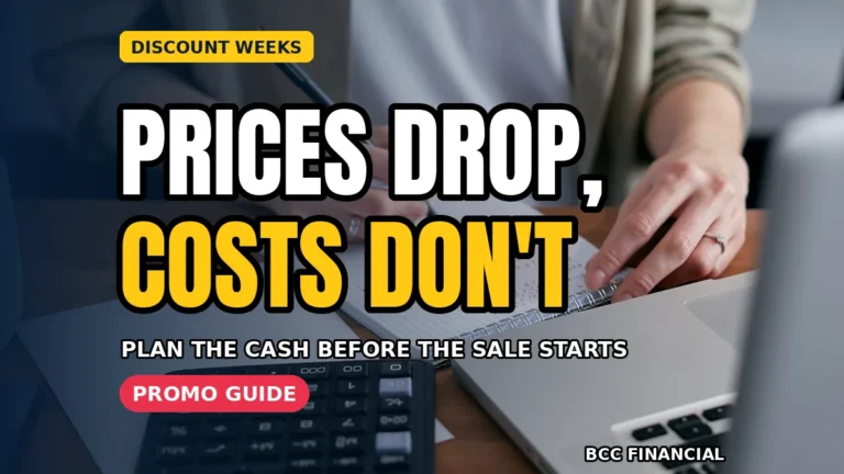 Designed graphic about sale promotion discount cash flow planning showing a shop owner marking reduced prices on a sale rail while costs stay listed beside her