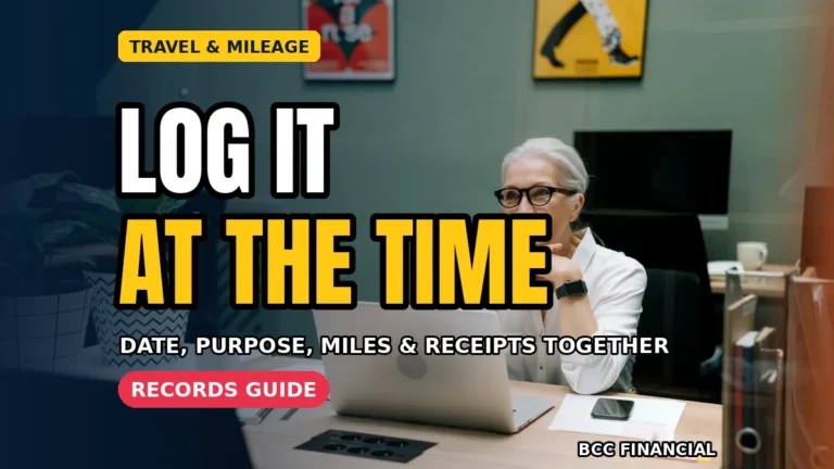 Designed graphic about business mileage travel expenses record keeping showing a driver noting trip miles and purpose in a logbook beside the steering wheel
