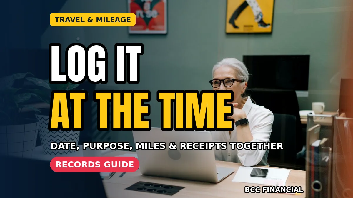 Designed graphic about business mileage travel expenses record keeping showing a driver noting trip miles and purpose in a logbook beside the steering wheel