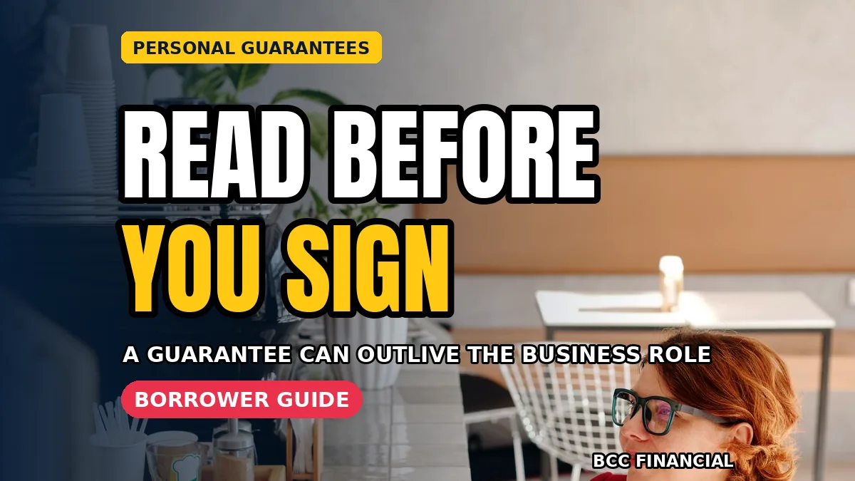 Designed graphic about personal guarantee business loan explained showing a business owner reading a guarantee document carefully before picking up a pen