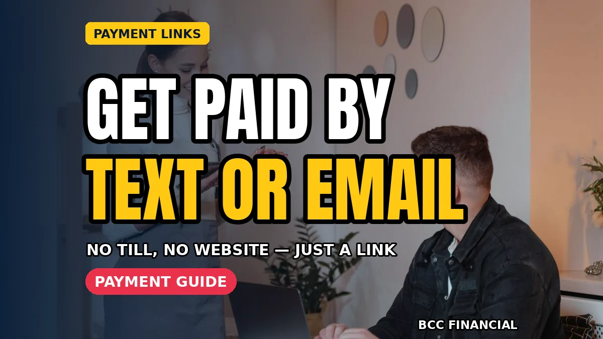 Designed graphic about payment links by text email small business payments showing a tradesperson sending a payment link from a phone after finishing a job