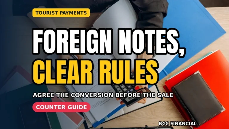 Designed graphic about accepting foreign currency payments business basics showing a shopkeeper agreeing a tourist payment at a till