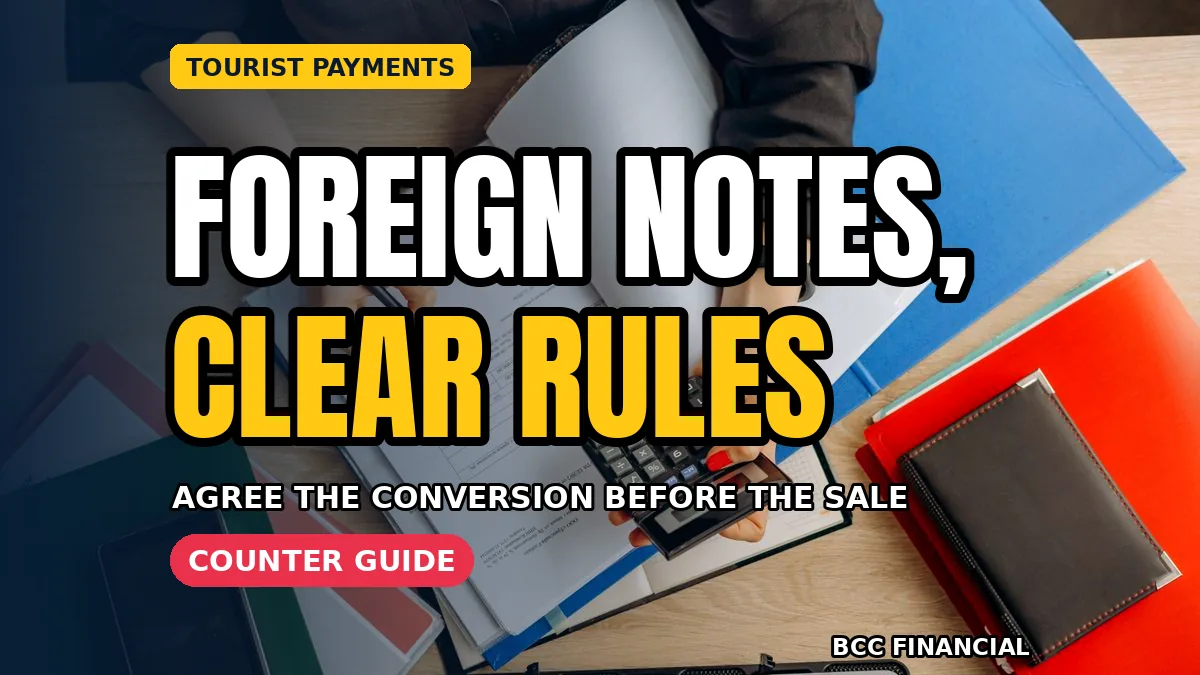 Designed graphic about accepting foreign currency payments business basics showing a shopkeeper agreeing a tourist payment at a till