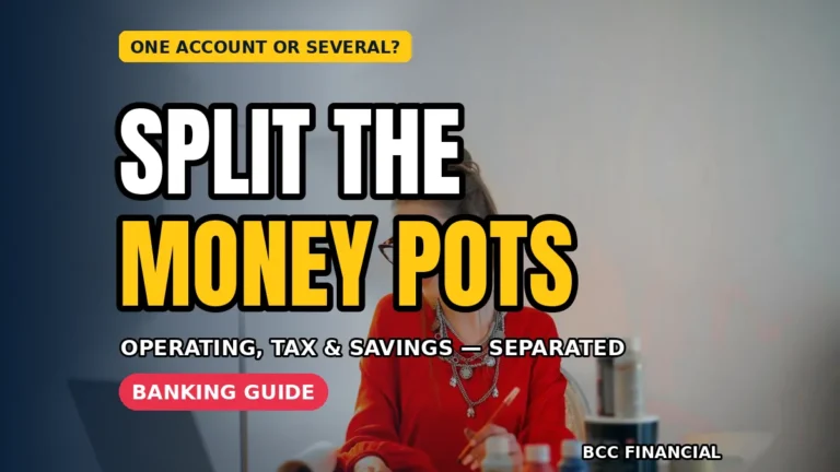 Designed graphic about separate business bank accounts money pots showing an owner moving weekly amounts between three labelled pots