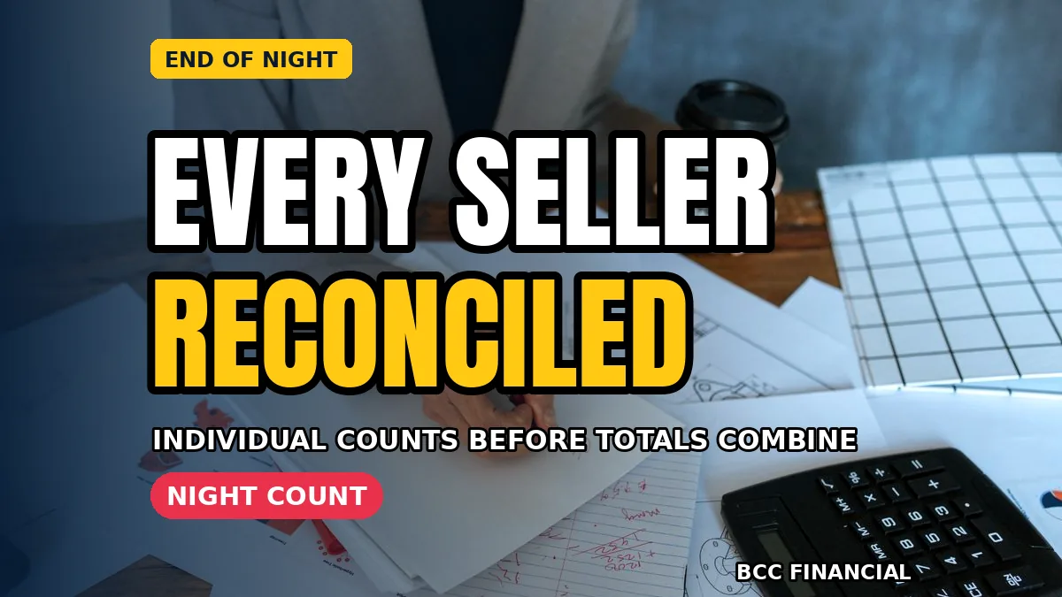 Ticket sellers reconciling separate floats and advance ticket lists at a venue desk at the end of the night