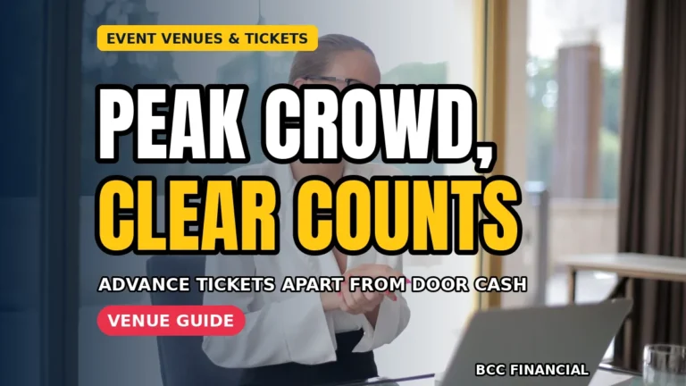 Designed graphic about cash handling event venue ticket desk routines showing sellers counting takings after a busy event