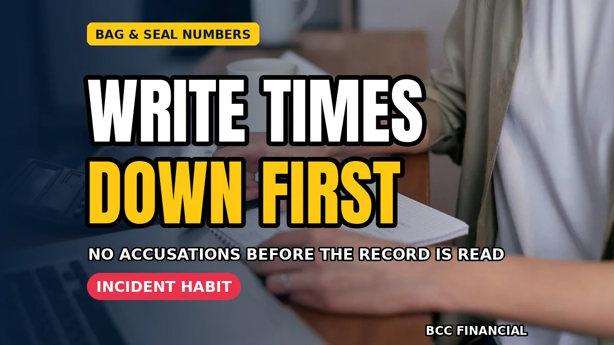 Manager recording bag and seal numbers in an incident log while collection paperwork is kept together untouched