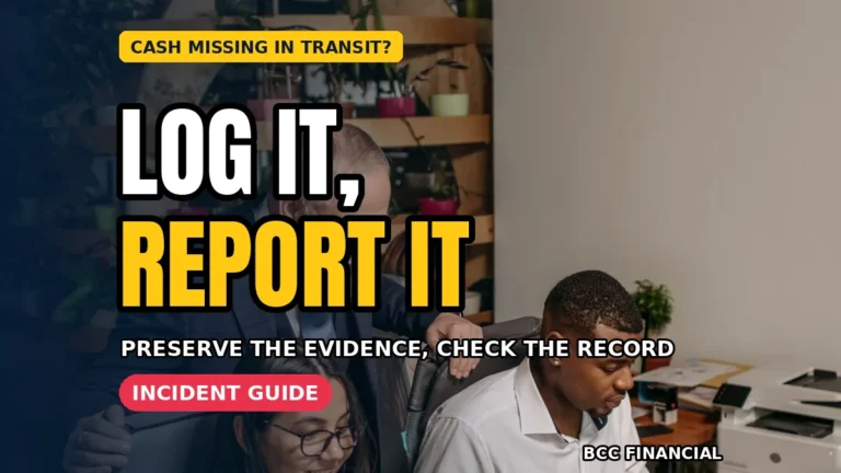 Designed graphic about cash missing in transit incident procedure steps showing a manager writing an incident log beside a sealed cash bag
