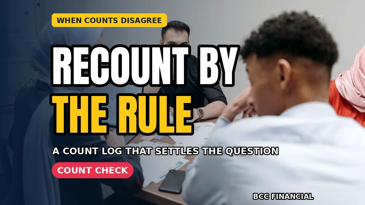 Staff member hand checking a high-value bundle after a note counter total and noting the result in a count log