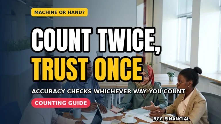 Designed graphic about cash counting machine vs hand counting accuracy checks showing notes beside a counter being verified by hand