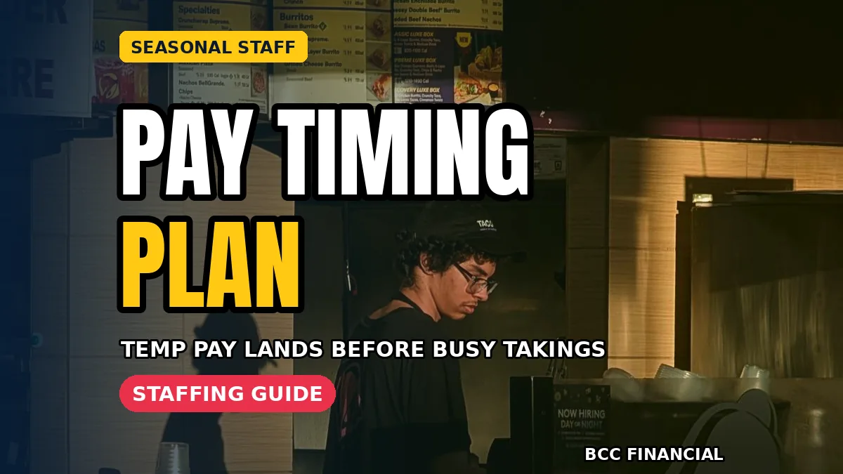 American store manager in a casual shirt welcoming a new seasonal worker beside a rota board, showing seasonal temporary staff cash flow planning in action