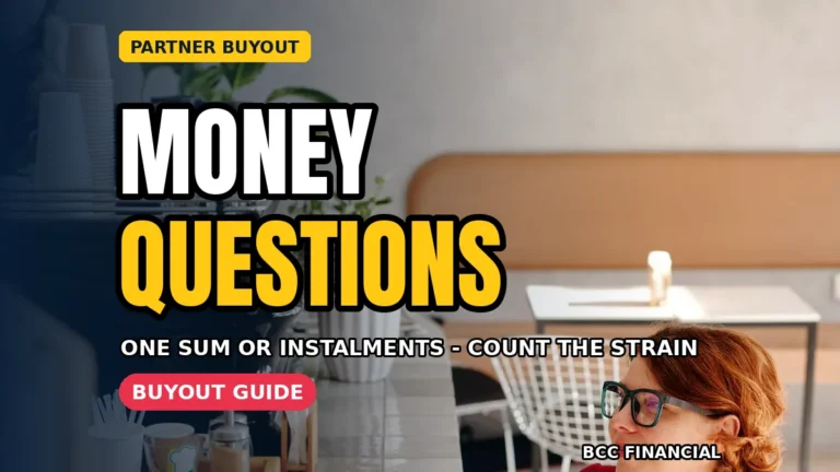 Two business partners reviewing business partner buyout finance basics together at a table with accounts and a calculator and BCC Financial headline
