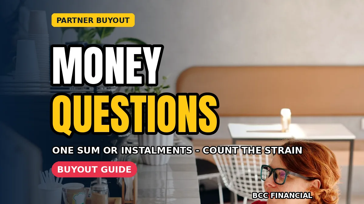Two business partners reviewing business partner buyout finance basics together at a table with accounts and a calculator and BCC Financial headline