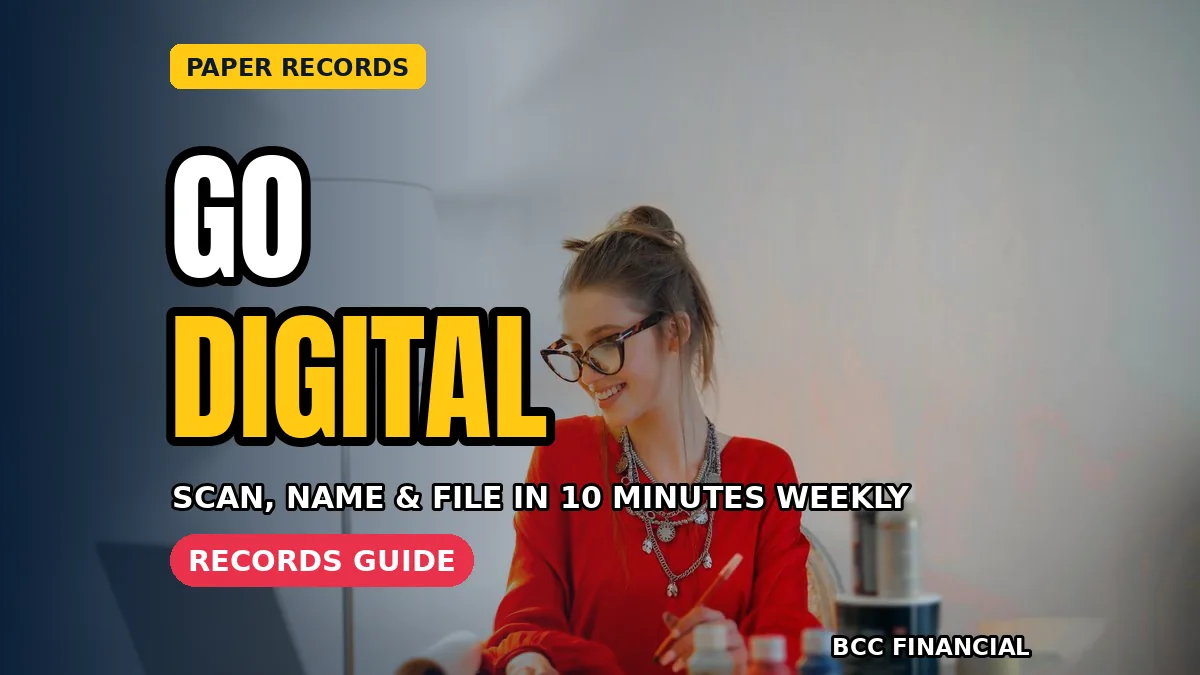 Office worker following a digitising business financial records routine while scanning receipts beside labelled folders with BCC Financial headline