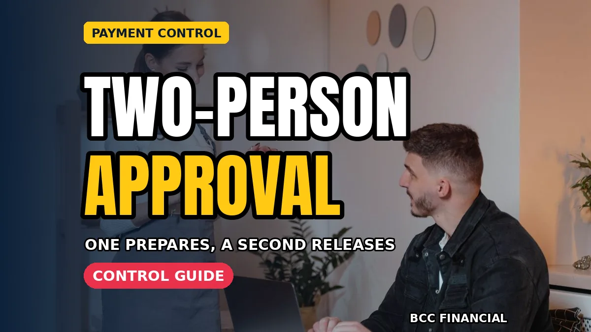 Manager using a two person approval business payments workflow to check a large transfer on screen with BCC Financial headline text