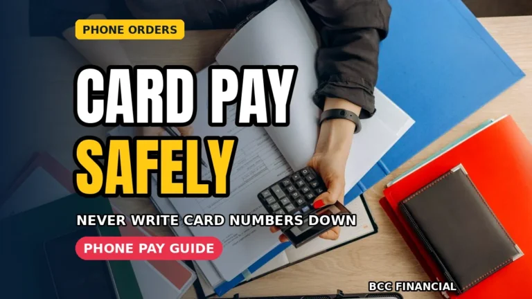 Designed graphic about taking card payments over the phone safely business showing an owner using a secure terminal during a customer call