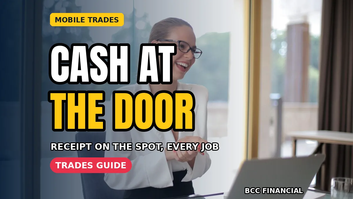 Designed graphic about cash handling mobile tradespeople doorstep payments showing a tradesperson giving a receipt at a customer's door