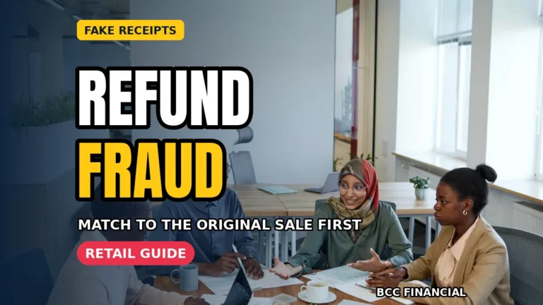 Designed graphic about refund receipt fraud prevention retail showing a shop worker checking a receipt against the till record