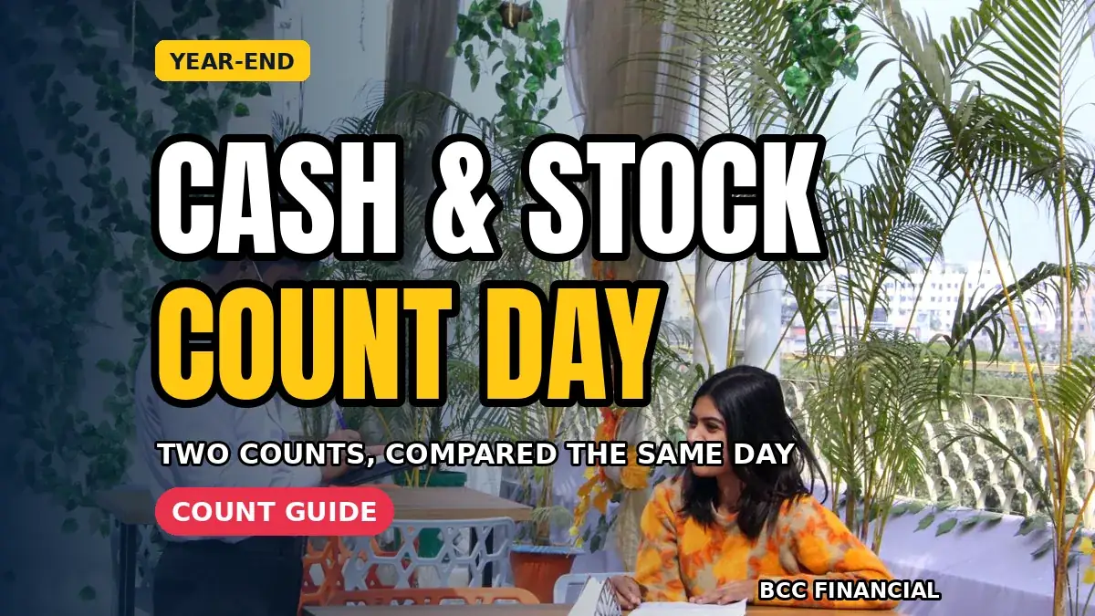 Designed graphic about year end cash count stock take routine showing two staff counting cash and stock together at year end
