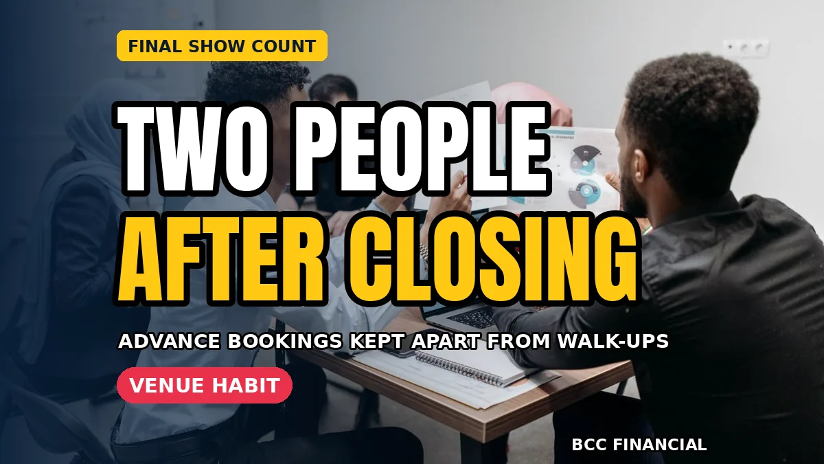 Two theatre staff members counting takings together in a small office after the final evening show has ended