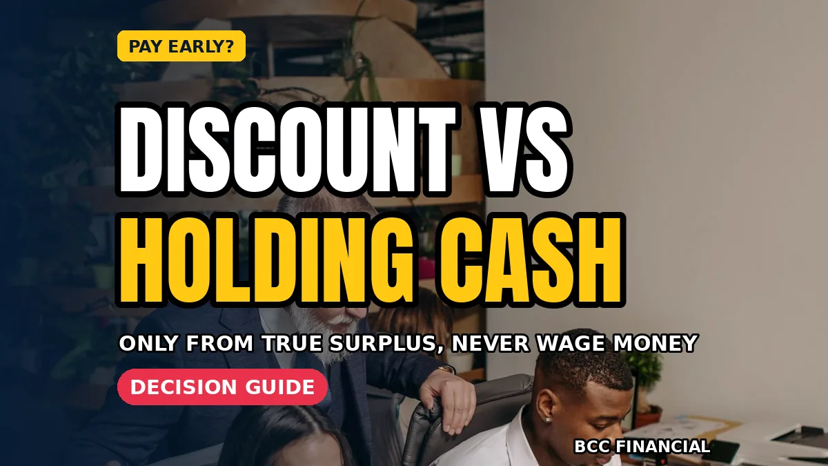 Owner comparing an invoice and bank balance for an early payment discount vs cash on hand decision at a desk