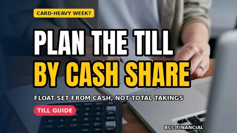 American shop owner counting coins at a till beneath a headline about payment mix swings till cash planning for busy retail weeks