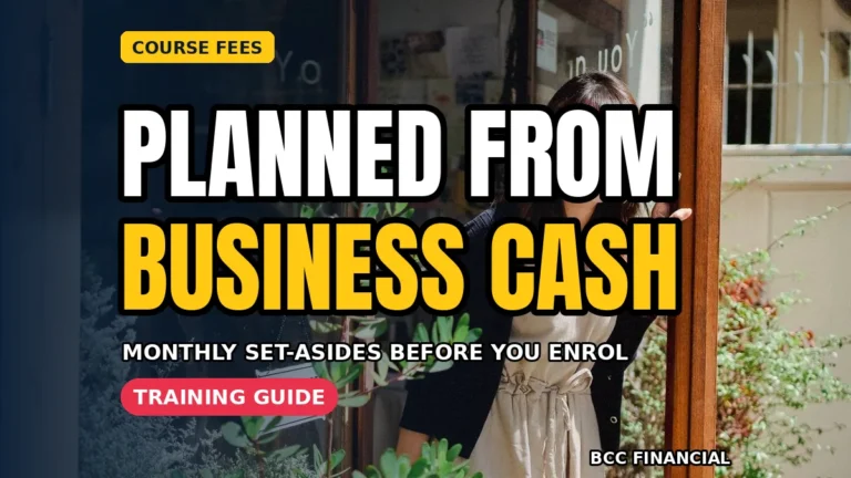 American business owner studying at a desk beneath a headline about paying for business training course cash planning and monthly fee set-asides
