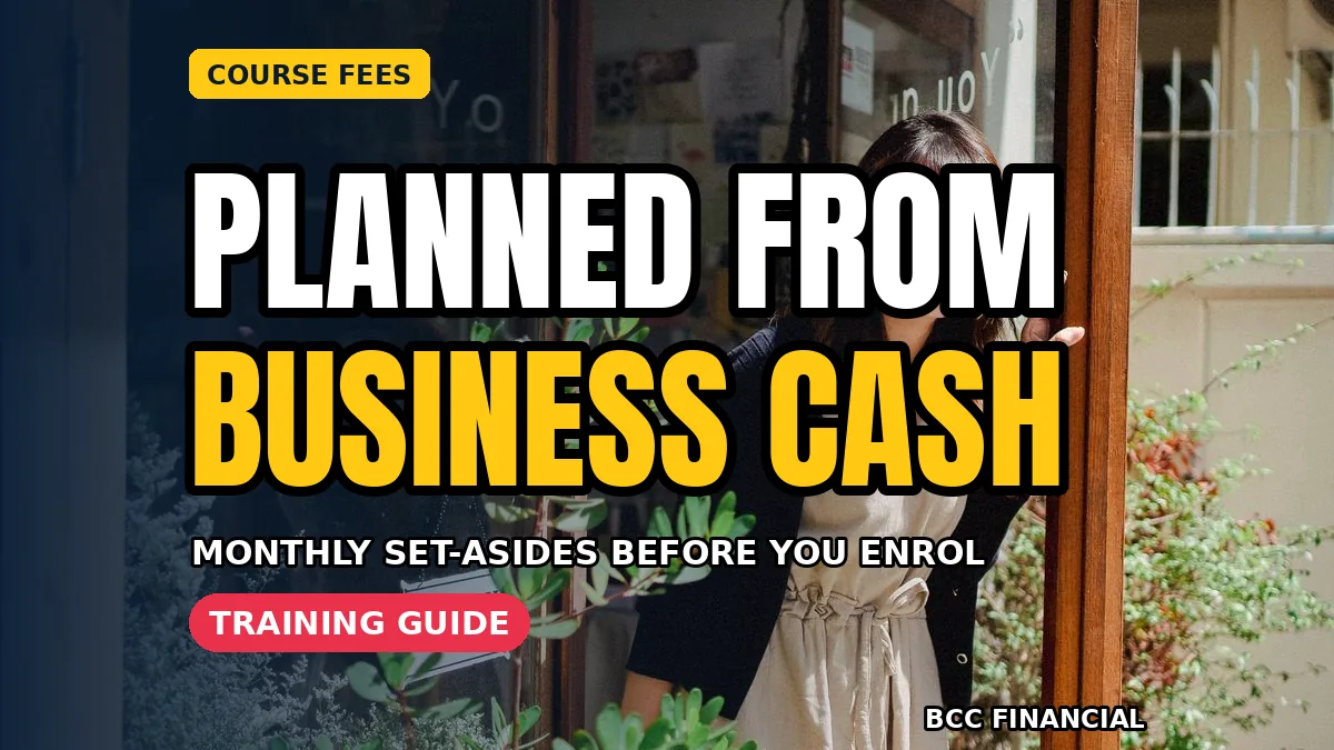 American business owner studying at a desk beneath a headline about paying for business training course cash planning and monthly fee set-asides