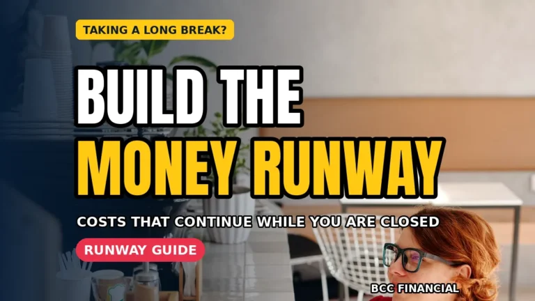 American solo business owner closing a small shop beneath a headline about solo owner long break money runway planning for a planned pause